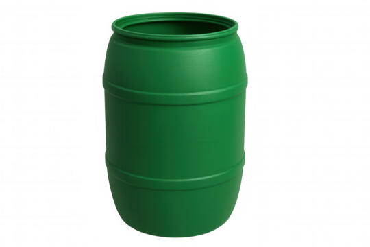 Green plastic storage drum isolated on transparent background, ideal for storing liquids or other materials