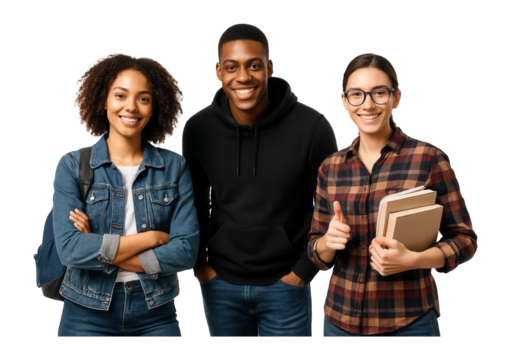 Trio of university students posing confidently.