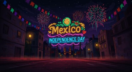 Mexico Independence Day celebration with vibrant fireworks and neon lights in a festive city