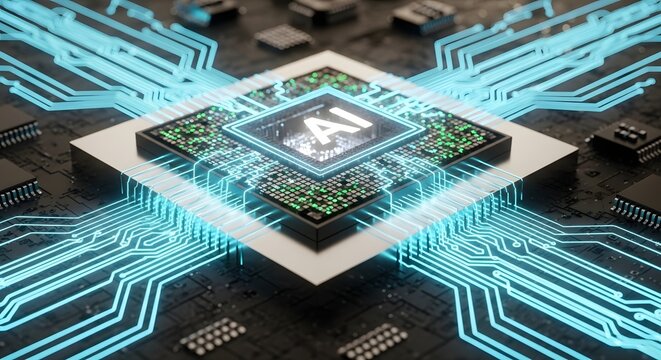 AI Chip Artificial Intelligence Futuristic Technology Circuit Board. - Powered by Adobe