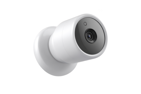 Sleek white security camera with a dark lens, mounted on a wall - Powered by Adobe