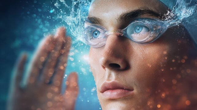 Close up of swimmer wearing goggles and swim cap, with water splashing around their face, showcasing determination and focus in aquatic environment