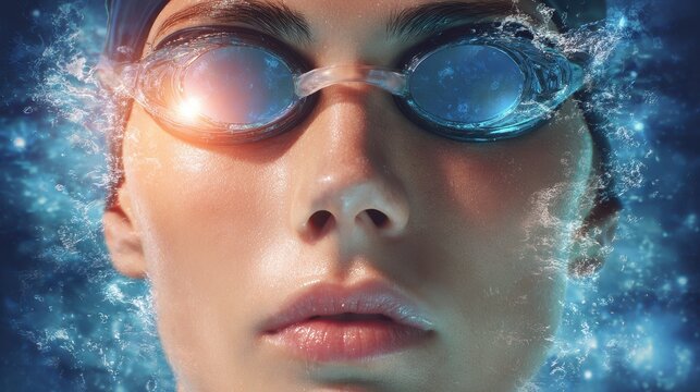Close up of swimmer wearing goggles, with water splashing around and light reflections creating dynamic and intense atmosphere. image captures focus and determination