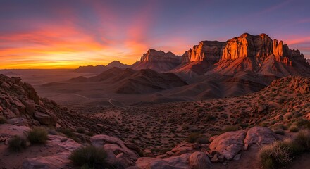 Sunset over a desert mountain range with rocky terrain and sparse vegetation