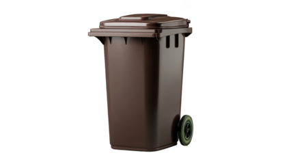 Brown outdoor trash bin with lid and wheels against black backdrop
