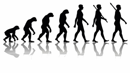 Obraz premium Silhouette depiction of human evolution stages from ape to modern man with spear and reflection effect | editable eps vectors