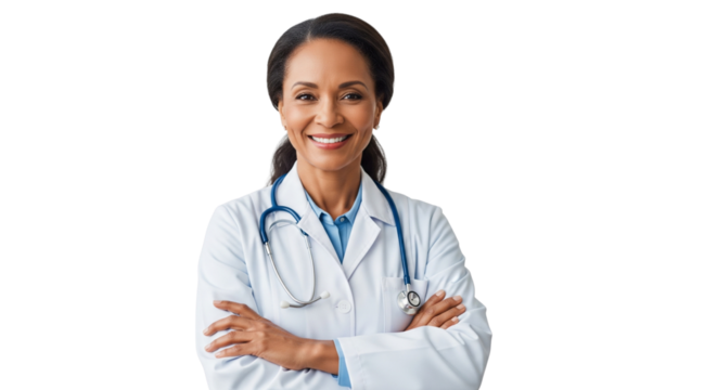 Smiling African American Female Doctor Portrait. Confident Healthcare Professional with Stethoscope on White Background.