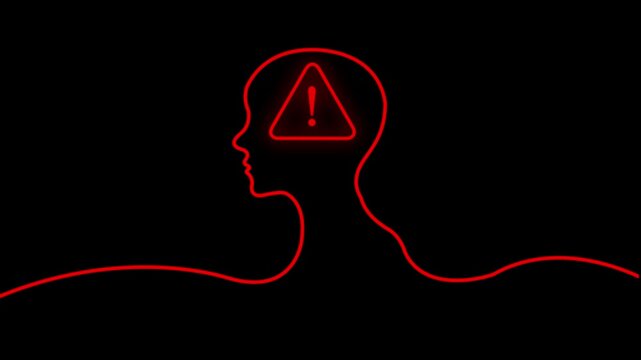 line Human head with exclamation mark icon, on a black background. question mark with man head icon with 4k video animation.