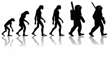 Fototapeta premium Silhouetted figures depicting human evolution from primate to astronaut with reflections below them | editable eps vectors
