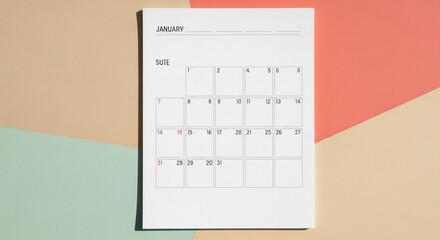 Minimalist Monthly Calendar Flat Lay with Hard Shadow on a Modern Geometric Pastel Background.