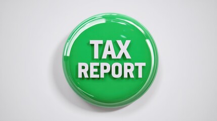 Green button with phrase TAX REPORT in bold white letters, symbolizing financial or tax related actions. button has glossy finish and is set against plain white background