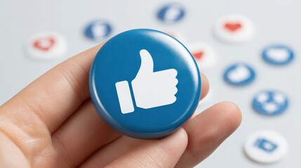 Hand holding circular blue button with white thumbs up icon, symbolizing approval or liking. Blurred background shows similar buttons with various icons, creating social media theme