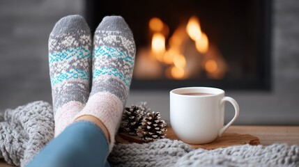 Cozy socks and blanket with mug of tea by warm fireplace, creating relaxing and comforting atmosphere. scene features pinecone and wooden surface, enhancing cozy winter vibe