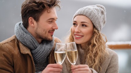 Happy couple clinking champagne glasses outdoors in snowy setting, dressed warmly in winter clothing, enjoying romantic moment together