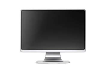 Silver computer screen with a black, blank display and a white stand