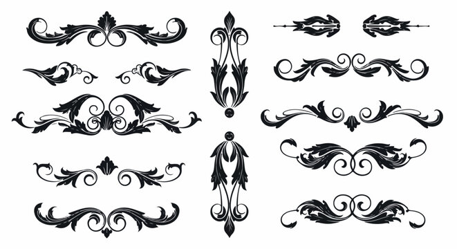 Vintage symmetrical ornamental flourish set in black and white, ideal for wedding invitations, branding, and elegant classic design