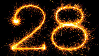 Number 28 made of fire sparks, glowing orange, energetic effect.