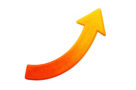 Orange arrow pointing upwards trend up isolated illustration on transparent background