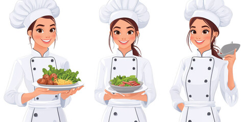 Three chefs holding plates of food on transparent png background