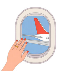 Obraz premium 3d rendered illustration of a hand touching an airplane window with a view of another airplane s tail fin isolated on transparent background