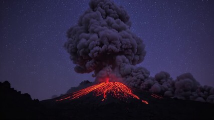 Night volcano eruption with glowing lava flows and a towering ash plume beneath a starry sky - Powered by Adobe