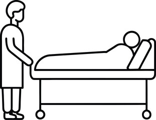 Elderly patient in hospital bed line art silhouette isolated on white background
