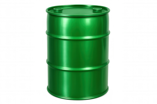 Shiny green metal barrel isolated on transparent background, symbolizing renewable energy and sustainable practices