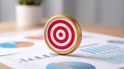 Gold button with red and white target icon is placed on business documents featuring charts and graphs, symbolizing focus and goal achievement in professional setting