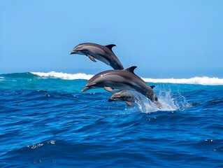 Fototapeta premium Three dolphins leaping and splashing in bright blue ocean water