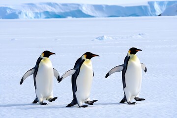 Fototapeta premium Three Emperor penguins walking on ice wildlife Antarctica