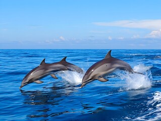 Naklejka premium Two Dolphins Leaping from Blue Ocean Water jumping