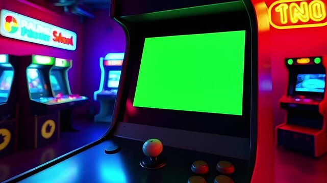 Digital arcade machine screen with green screen in neon-lit gaming room, no people, perspective angle, 4K mockup