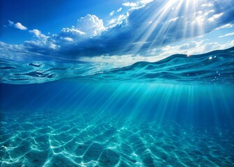 Sunlight streams through the turquoise ocean, creating a beautiful underwater scene of sand and light.