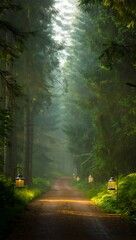 Obraz premium Mystical Forest Path Illuminated by Lanterns a Journey Through Enchanted Woods Nature Photography