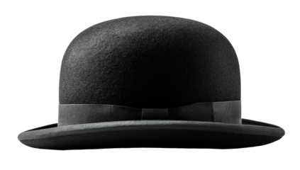 Dark, flat-crowned hat with a ribbon