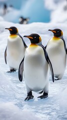 Fototapeta premium Three King Penguins Walk on Snowy Antarctic Ground antarctica photo