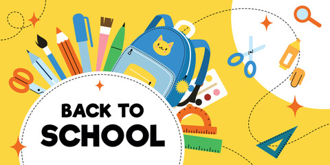 Back to School Sale Banner - Colorful Vector Design with School Supplies and Backpacks. Perfect for Social Media, Websites and Promotional Materials. September Academic Campaign