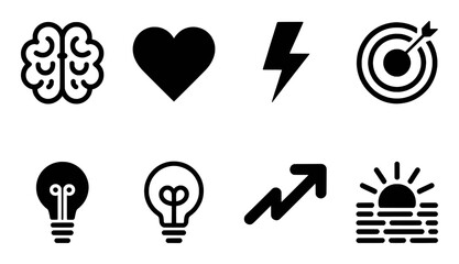 Collection of Icons: Brain, Heart, Lightning, Target, Lightbulbs, Growth, Sunrise