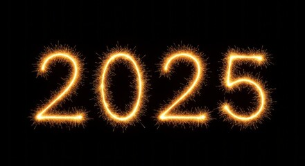 Sparkling 2025 New Year's Eve celebration, golden light on black background, festive design