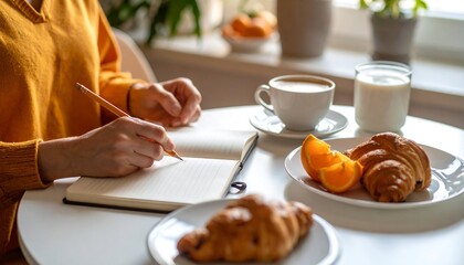 Person writing in notebook at breakfast table