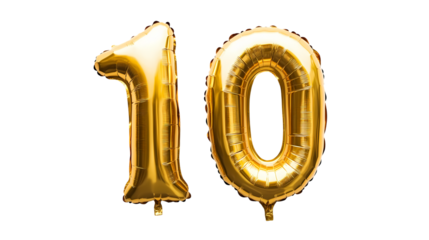The golden foil 10 balloon in the shape isolated on transparent background