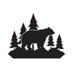 Bear Standing On Rock In Forest Silhouette Illustration