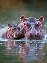 Fototapeta premium Two hippos surfaced in calm water, wildlife photograph