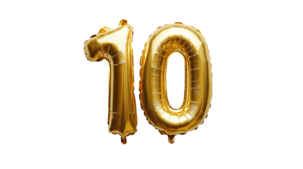 The golden foil 10 balloon in the shape isolated on transparent background