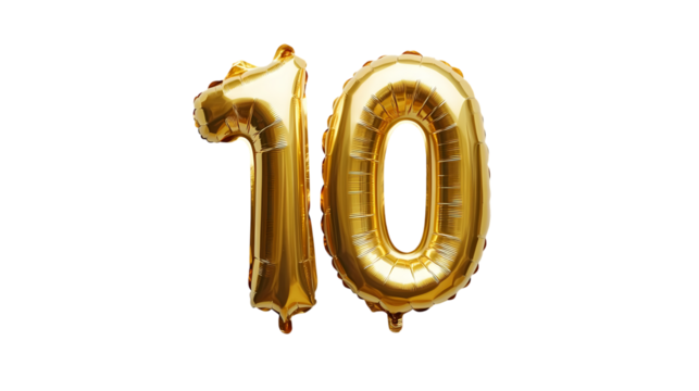 The golden foil 10 balloon in the shape isolated on transparent background