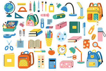 Back to School set elements: notebooks, pencils, backpacks, and stationery in flat cartoon style. Perfect for banners, social media, and promotional materials.vector flat cartoon illustration