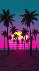 Tropical retro sunset with palm trees against vibrant gradient sky