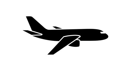 Modern black silhouette illustration of a passenger airplane, perfect for design elements related to air travel, global transportation, and aviation industry concepts.