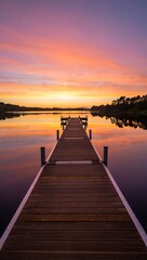 Obraz premium Serene Sunset Pier Leading to Tranquil Lake Reflecting Colorful Sky Beauty and Peaceful Waterscape