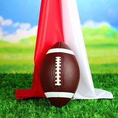 Obraz premium An American football on a green grass field with a red flag